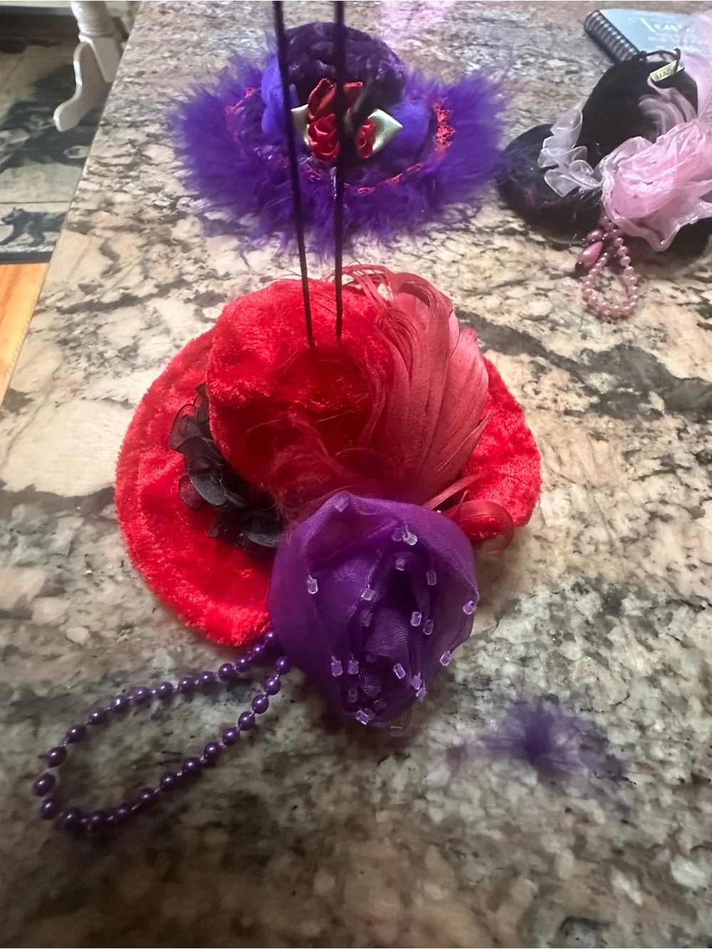 Vintage-Inspired Purple and Red Feathered Pillbox Hat Set - Hanging Decorations